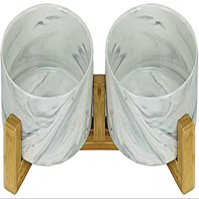 SP SEMPRE+ Ceramic Dog Bowls with Bamboo Holders, Double, 13.5 cm, White Marble