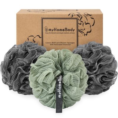 myHomeBody Large 70 g Loofah Sponge, 2 Graphite Gray + 1 Sage Green, 3-Piece Set
