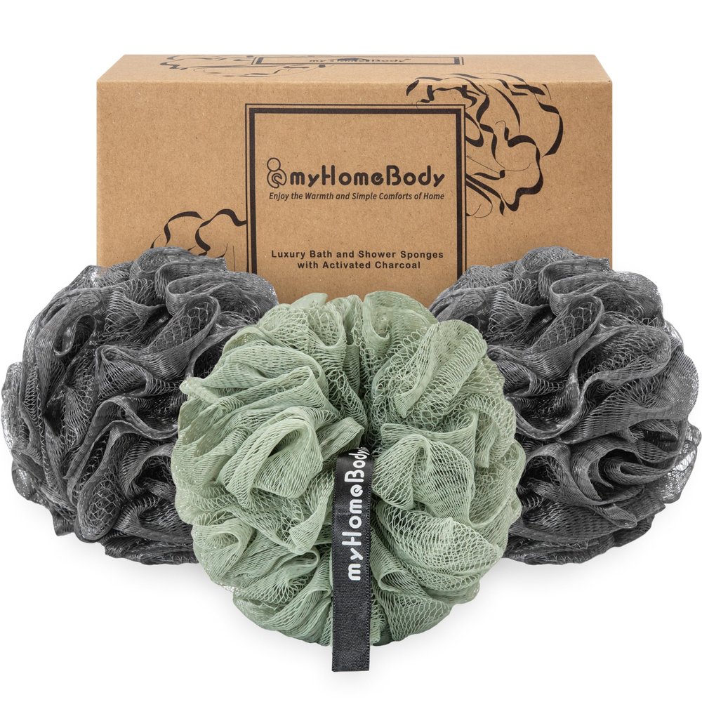 myHomeBody Large 70 g Loofah Sponge, 2 Graphite Gray + 1 Sage Green, 3-Piece Set