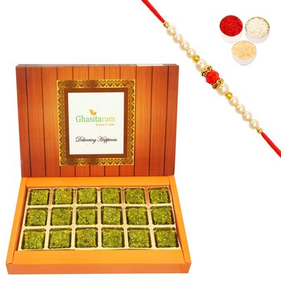 Ghasitaram Gifts Rakhi Sweets for Brothers, Pure Pista Barfi, 18 Pieces with Beaded Rakhi