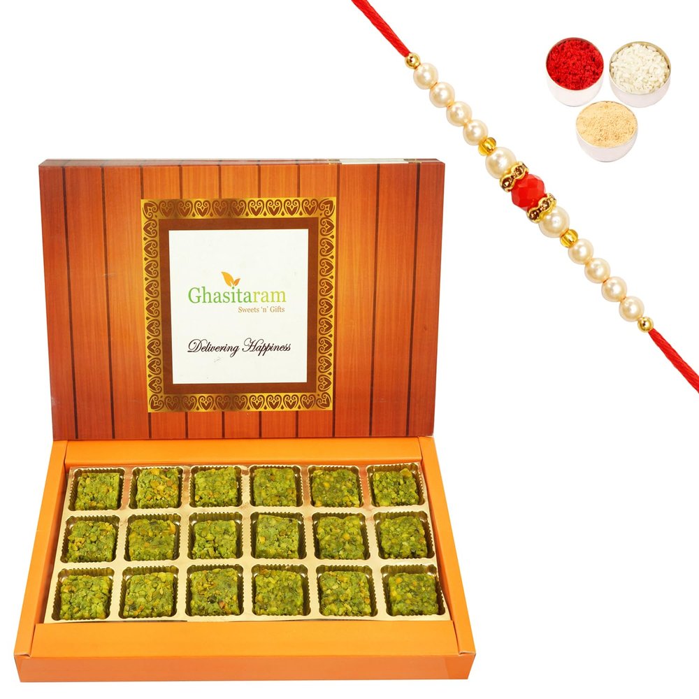 Ghasitaram Gifts Rakhi Sweets for Brothers, Pure Pista Barfi, 18 Pieces with Beaded Rakhi