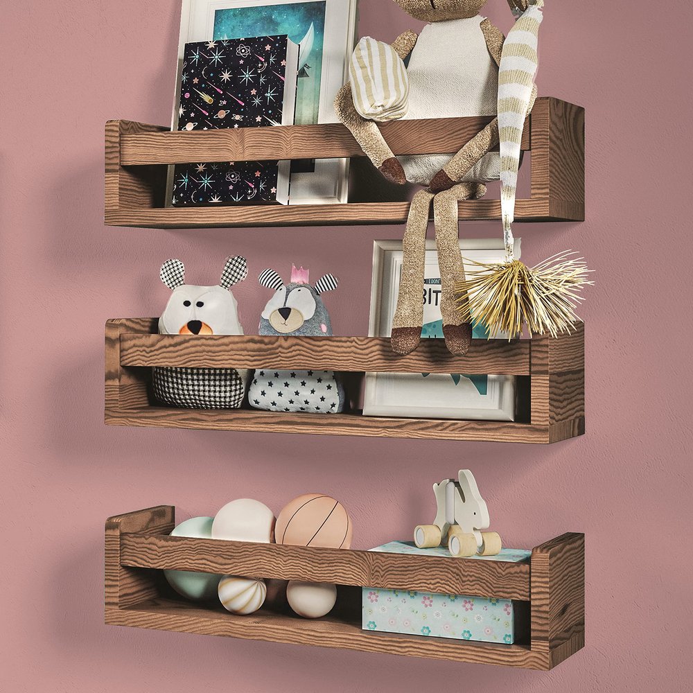 NATURE SUPPLIES Kids' Bookshelf, Set of 3, Montessori Wall Shelves, Dark Brown