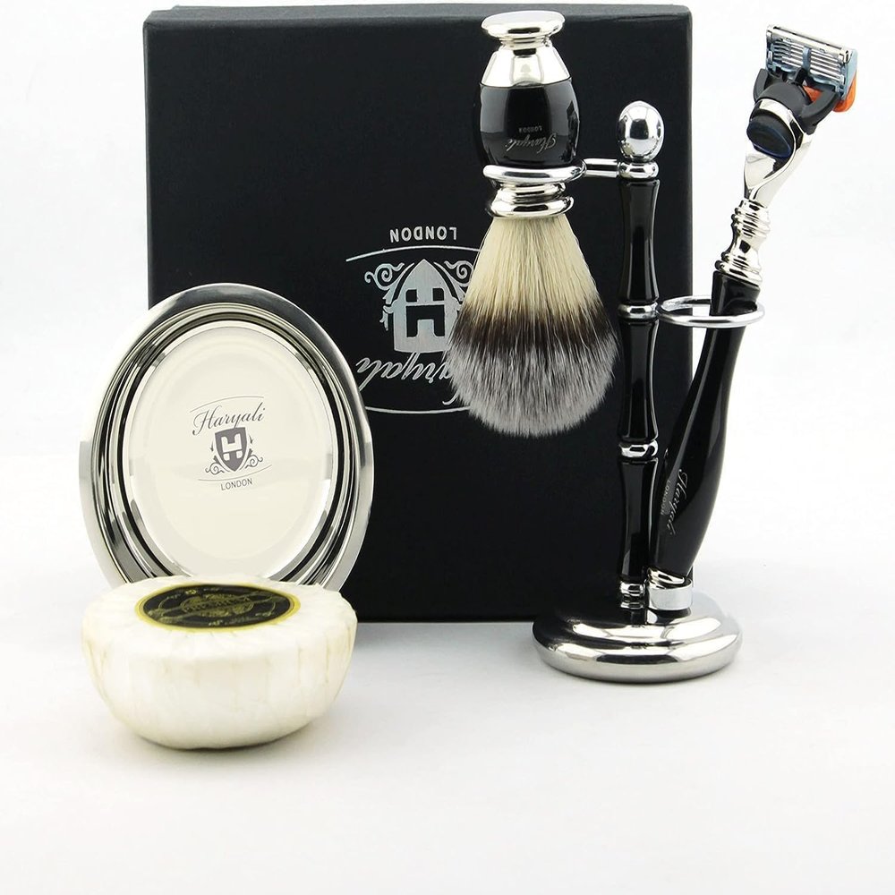 Haryali London Men's Shaving Set in Handmade Leather Case, 5-in-1 Safety Razor Set with Stand, Fusion 5-Compatible Razor, Brush, Stainless Steel Bowl and Shaving Soap