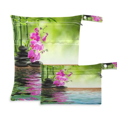 COZYhome Wet and Dry Bags for Diaper Bags, Japanese Zen Stone, Bamboo, Orchid Floral Pattern