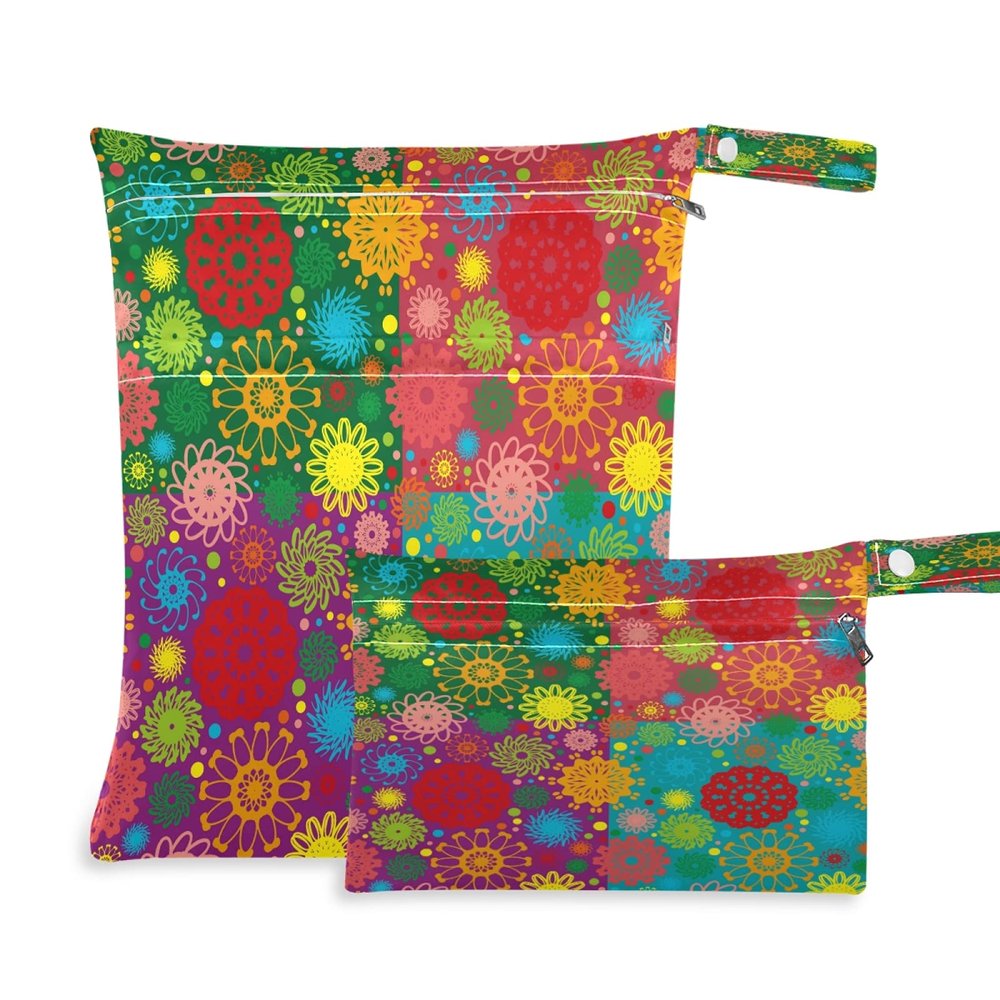 2-Piece Waterproof Reusable Wet Bag Set, Spring Floral, Washable Organizer Bags for Toddler Diapers