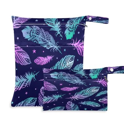 2-Piece Waterproof Reusable Wet Bags, Galaxy Ethnic Tribal Feather Star Pattern
