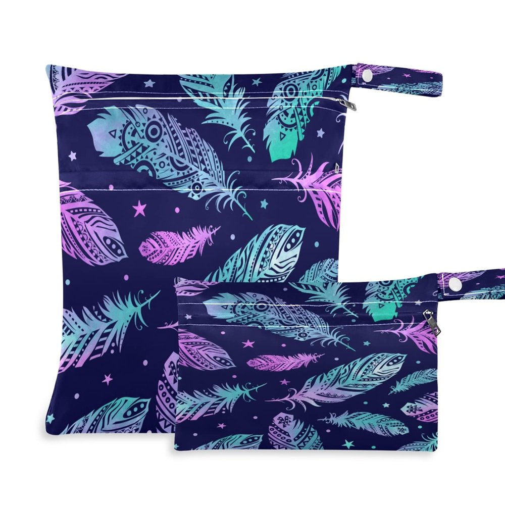 2-Piece Waterproof Reusable Wet Bags, Galaxy Ethnic Tribal Feather Star Pattern