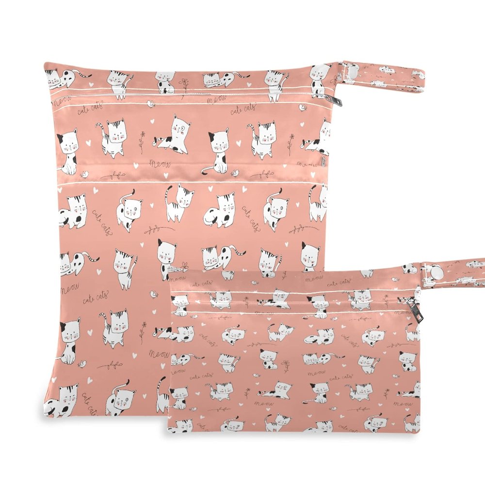 2-Pack Waterproof Wet Bags, Cat Pink, Reusable Washable Organizer Bags for Toddler Diapers