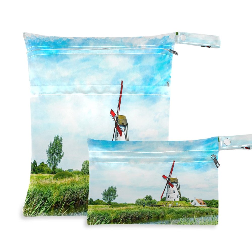 2-Pack Waterproof Wet Bags, Watercolor Windmill Tree Design