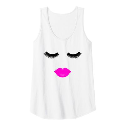 Women's Pink Makeup Eyelashes and Lips Tank Top