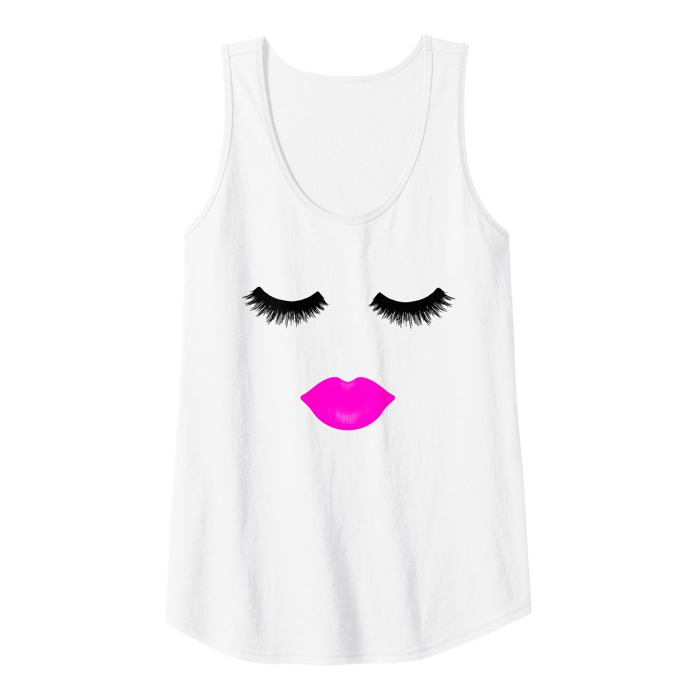 Women's Pink Makeup Eyelashes and Lips Tank Top