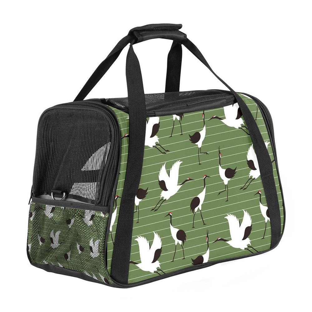 Airline-Approved Portable Pet Travel Bag with Japanese Crane Stripe Print
