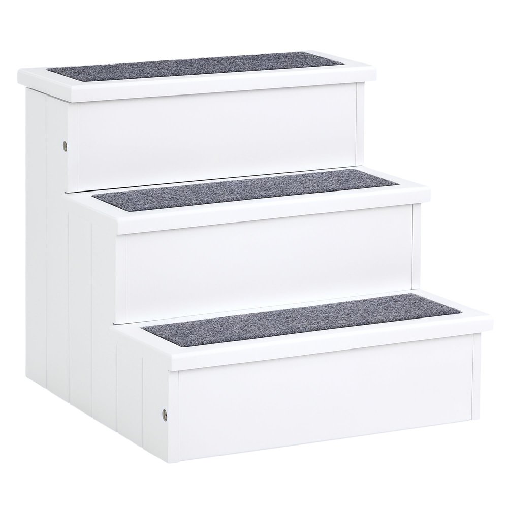 PawHut 3-Step Pet Stairs for Dogs and Cats with Storage, Fir Wood, White, 40.5 x 44.5 x 38 cm