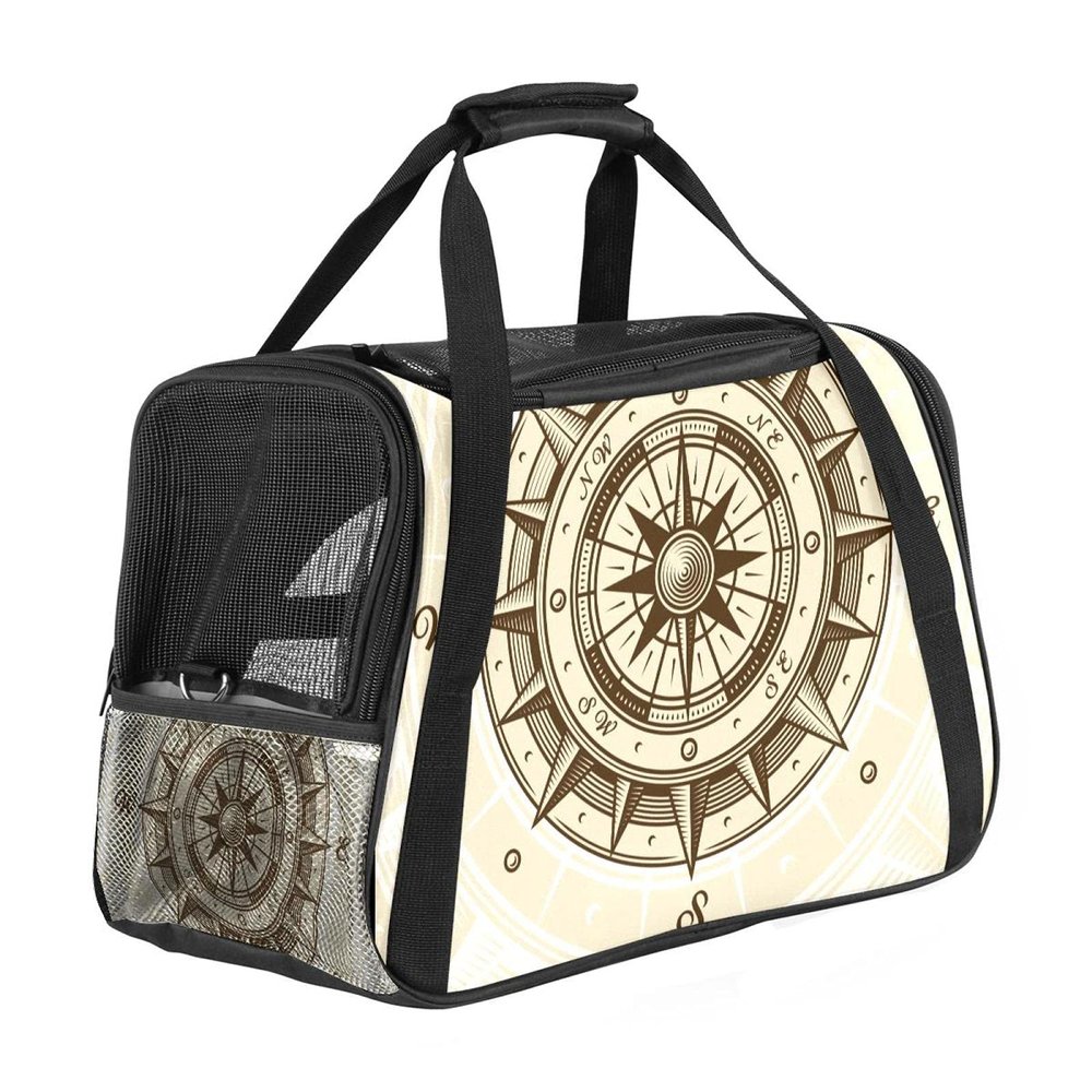 Vintage-Style Pet Carrier with Compass, Soft, Foldable, Airline-Approved