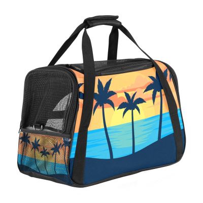 Portable Pet Travel Carrier, Airline-Approved Soft-Sided Duffle Bag for Cats, Dogs and Rabbits, Sunset Beach Coconut Tree Silhouette Print