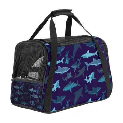 Portable Pet Travel Carrier, Airline-Approved Soft-Sided Duffle Bag with Shark, Sea and Ocean Print