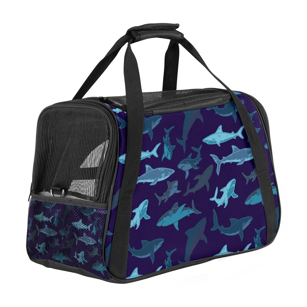 Portable Pet Travel Carrier, Airline-Approved Soft-Sided Duffle Bag with Shark, Sea and Ocean Print