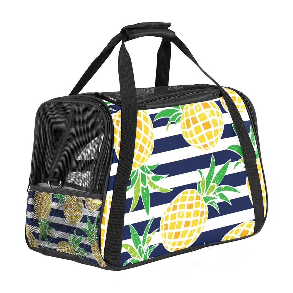 Portable Airline-Approved Pet Travel Carrier with Soft Sides and Striped Fruit Print