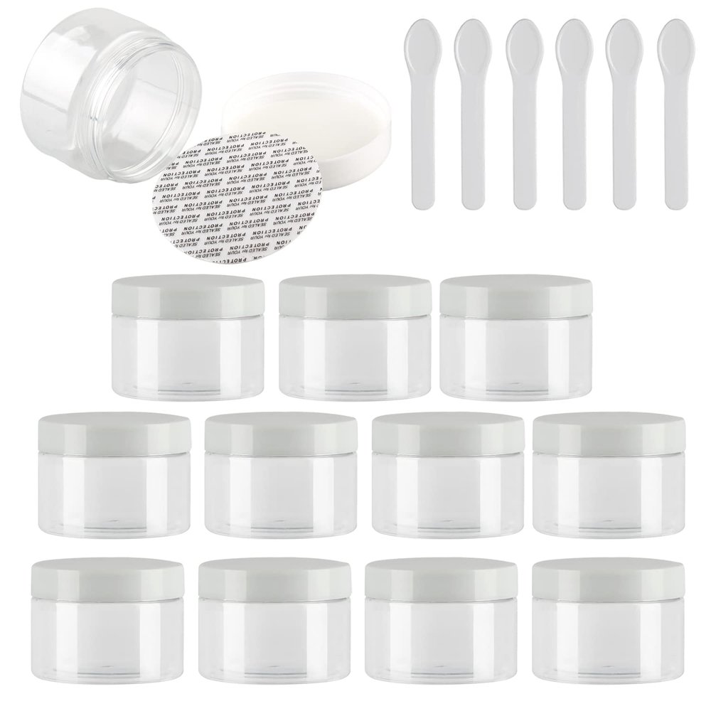 TIANZD 12-Pack 150 ml Transparent Plastic Cosmetic Jars with White Lids and 6 Spatulas