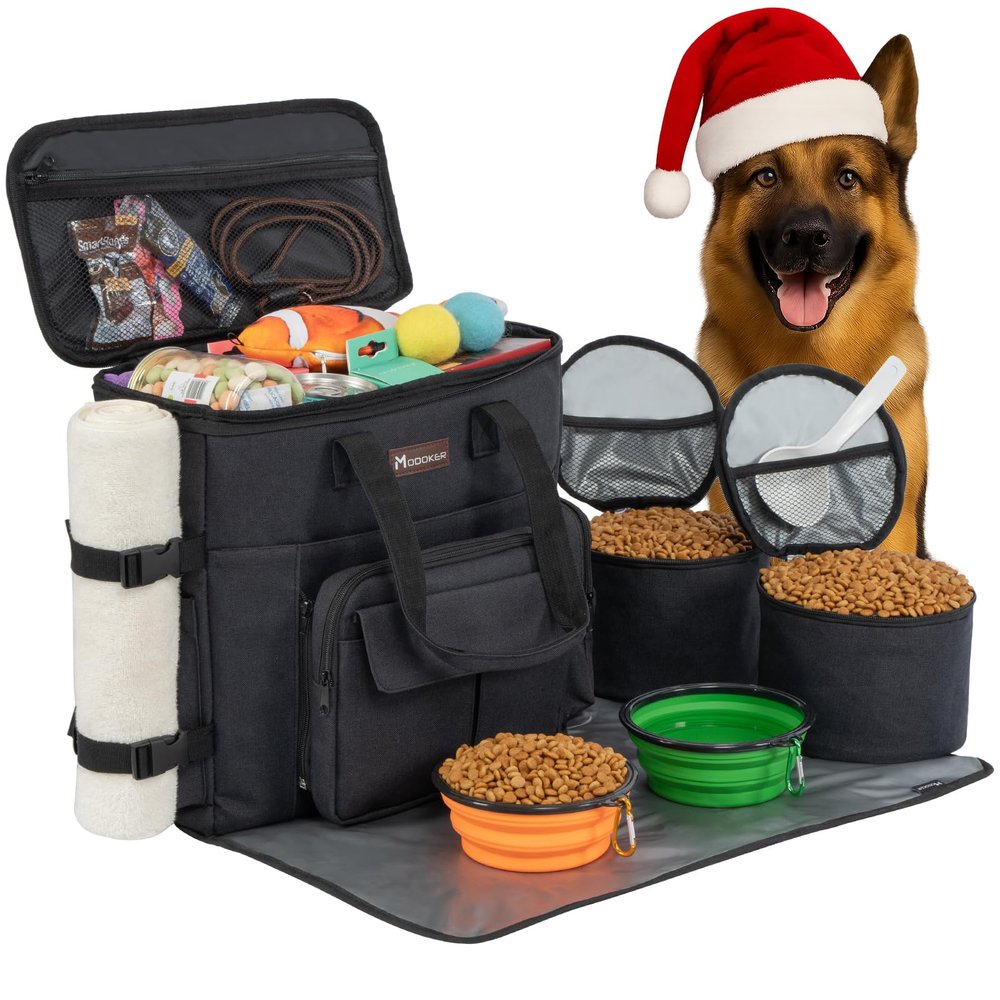 Modoker Dog Travel Bag with 2 Foldable Bowls, Dog Backpack and 2 Food Containers, Airline-Approved, Black