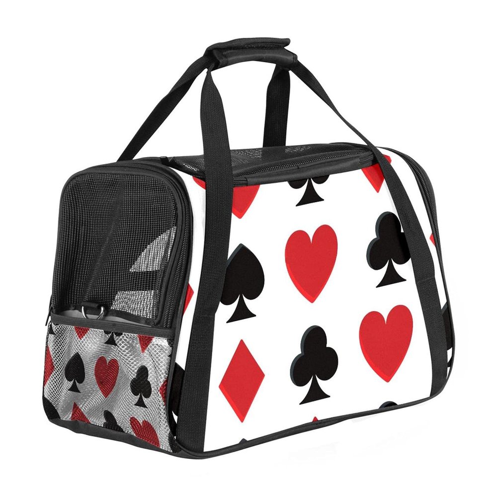 Pet Carrier Bag with Playing Card Spade and Heart Pattern, Soft-Sided, Foldable, Airline Approved