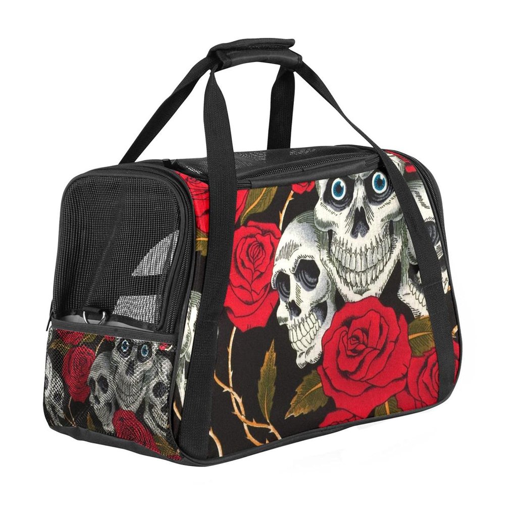 Pet Carrier with Skulls and Red Roses, Soft-Sided, Foldable, Airline-Approved