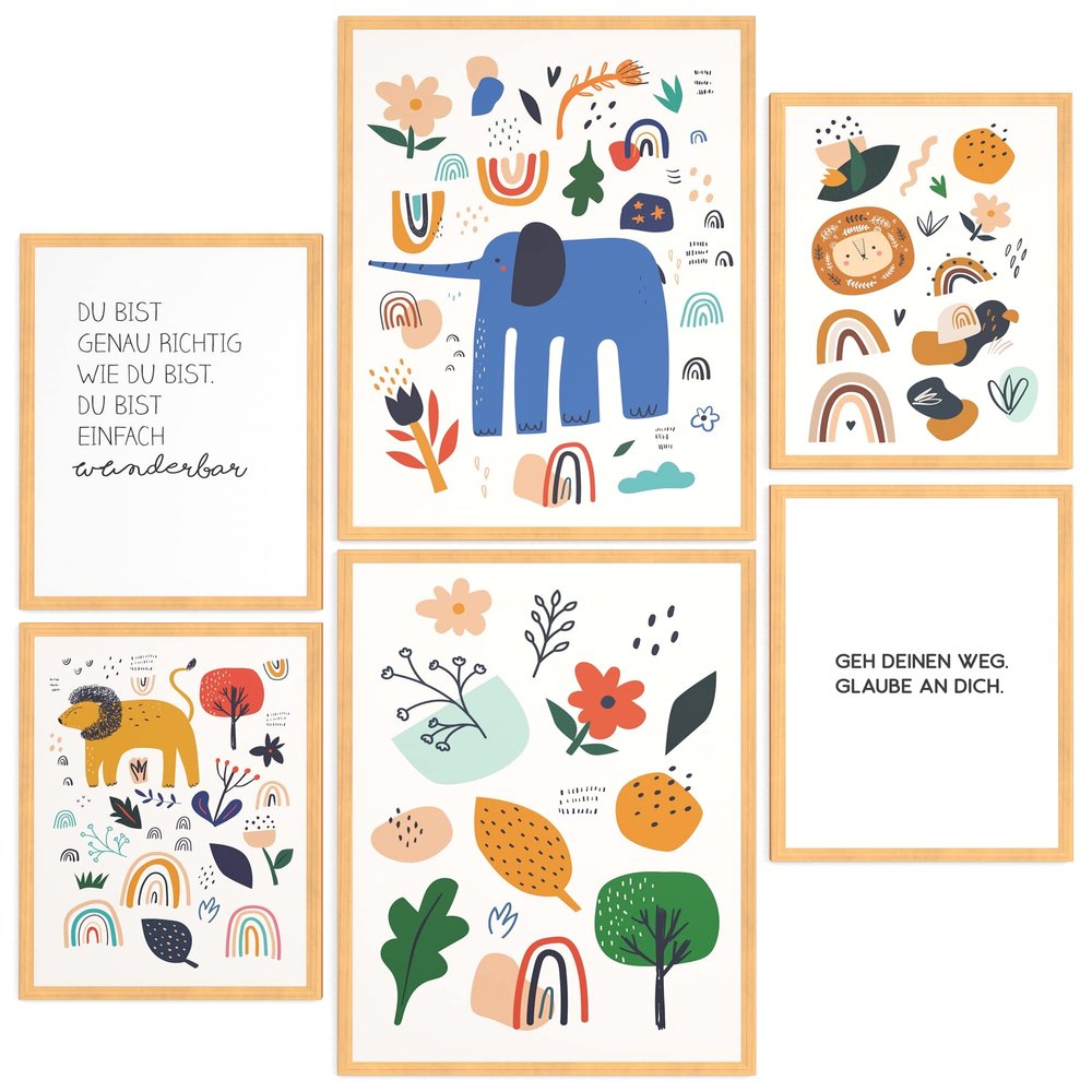 Papierschmiede Kids Mood Poster Set, Colorful Animal World, Framed Prints in Natural Wood Frames, 2 DIN A4 + 4 DIN A5