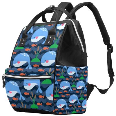 Large-Capacity Multifunctional Waterproof Diaper Backpack for Moms and Dads, Navy Cartoon Dolphin Fish, Color 1, One Size