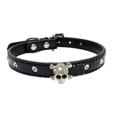 MARMODAY Dog Collar, Leather, Metal, Comfortable, Ultra Bright, Halloween Skull, with Rhinestones
