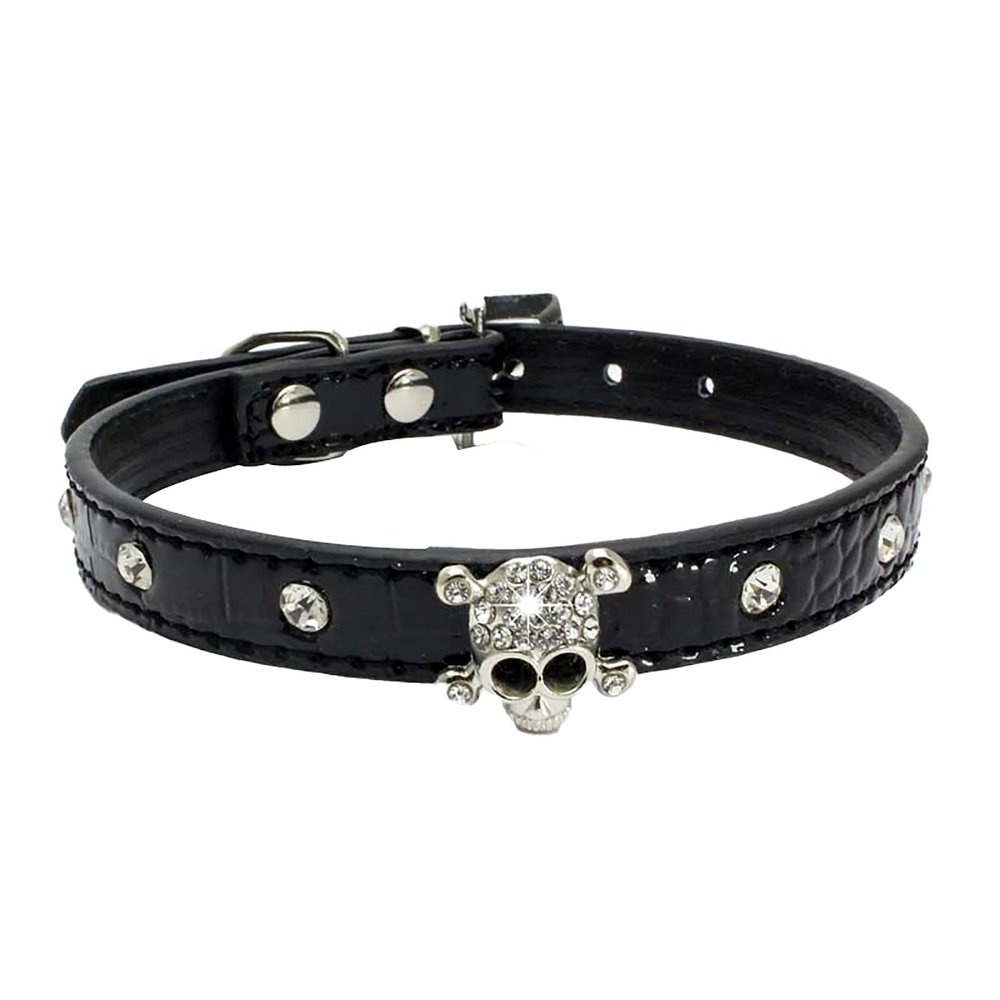 MARMODAY Dog Collar, Leather, Metal, Comfortable, Ultra Bright, Halloween Skull, with Rhinestones