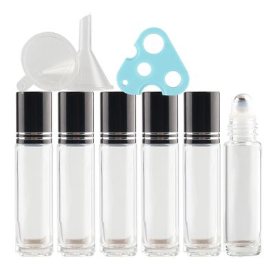 TIANZD 6-Pack Empty 10 mL Clear Glass Roller Bottles with Black Aluminum Screw Caps