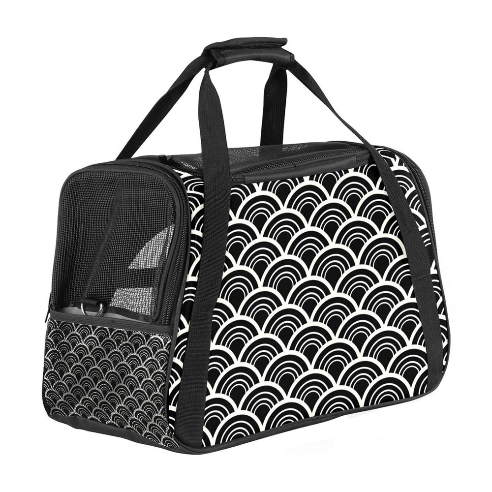 Portable Pet Travel Carrier, Airline-Approved Soft-Sided Duffel Bag for Cats, Dogs & Rabbits, Black-and-White Abstract Pattern