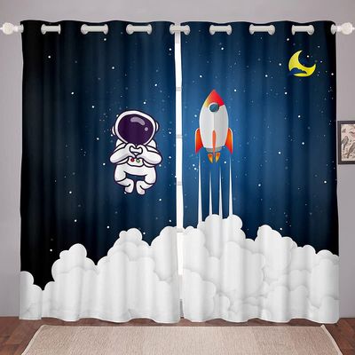 Kids Astronaut Rocket Space Curtain, Galaxy Print, Light-Blocking Window Curtain, 175 x 140 cm