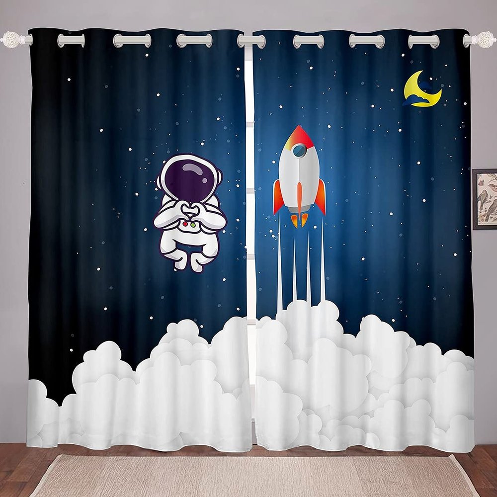 Kids Astronaut Rocket Space Curtain, Galaxy Print, Light-Blocking Window Curtain, 175 x 140 cm