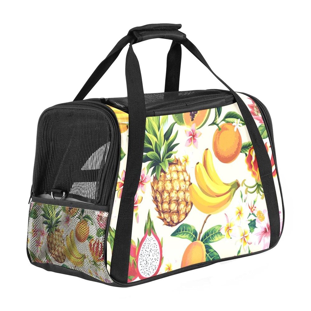 Portable Pet Travel Bag, Airline-Approved Soft-Sided Carrier for Cats, Dogs & Rabbits, Fruit, Dragon Fruit, Papaya & Banana Print