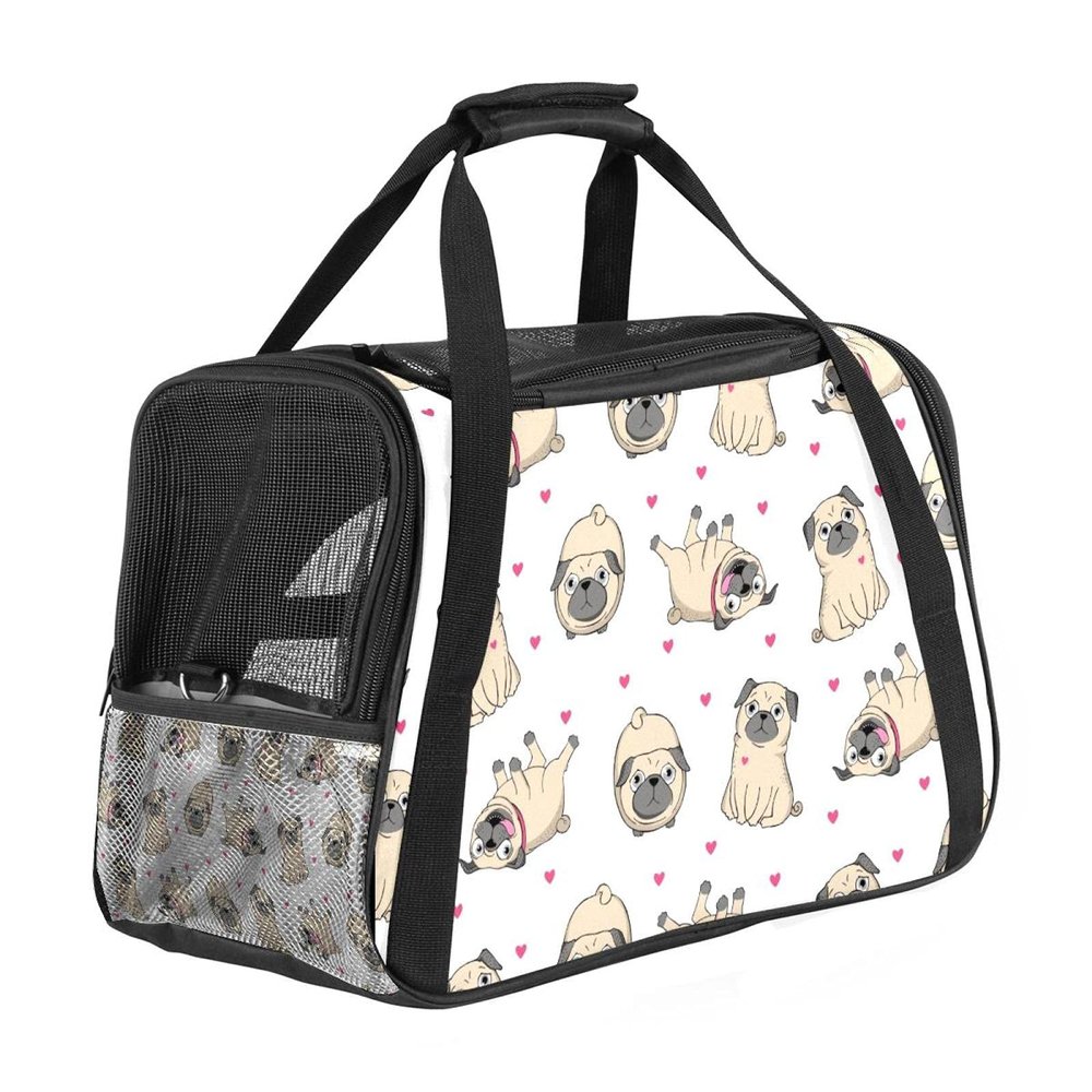 Portable Pet Travel Bag, Airline-Approved Soft-Sided Duffle for Cats, Dogs and Rabbits, White Pug Print