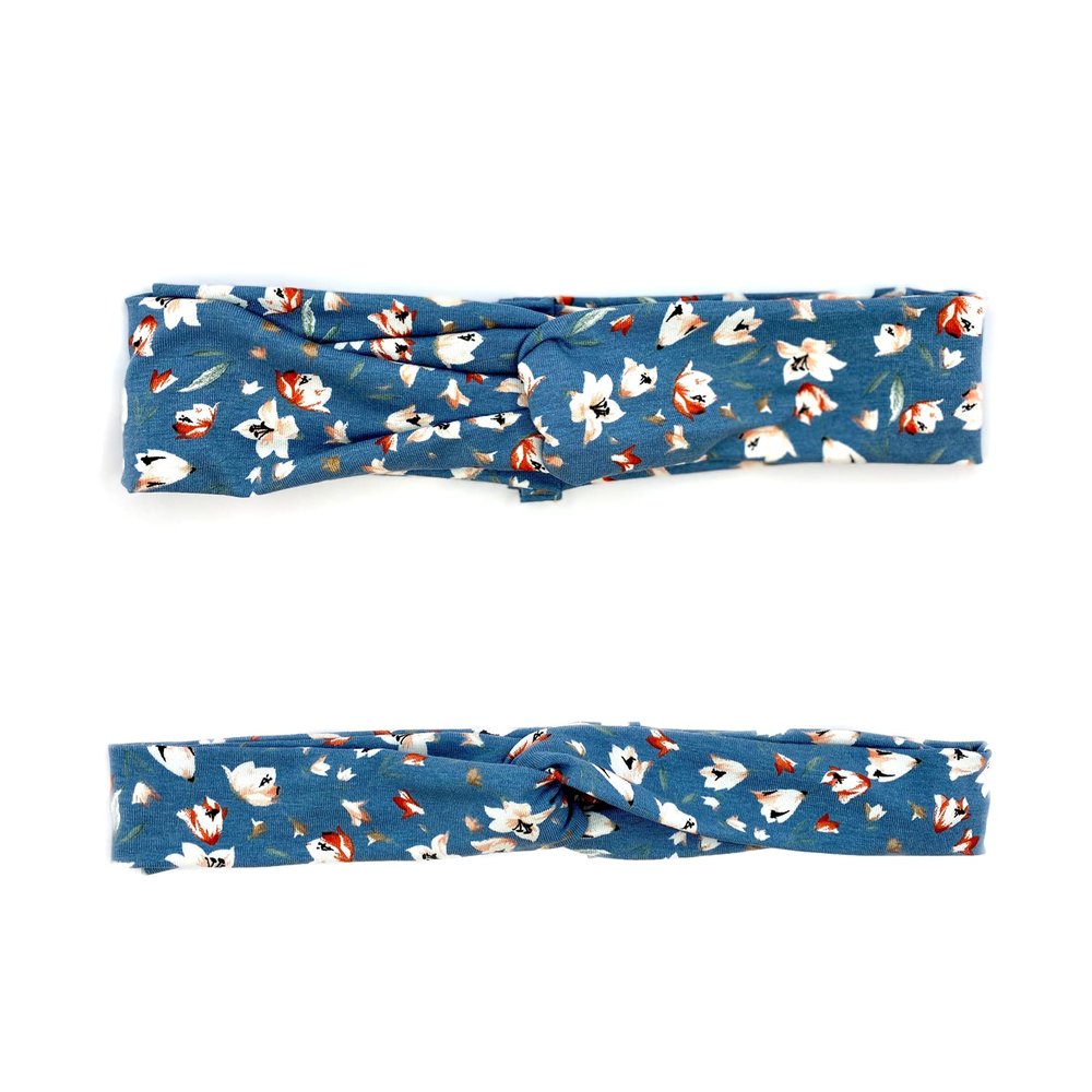 Blue Delicate Flowers Headband with Knot, Elastic, Wide (7 cm) or Narrow (5 cm), All Sizes (S, 53–55 cm, Narrow)