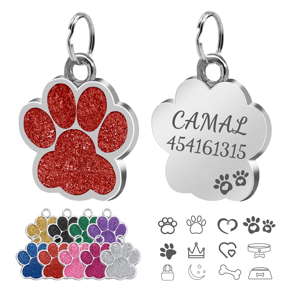 CAMAL Personalized Dog Tag with Engraving, Paw Print Design, 25mm, for Small to Medium Dogs or Cats (Red)