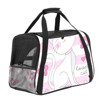 Portable Airline-Approved Pet Travel Bag with Soft Sides and Cat Cartoon Floral Print