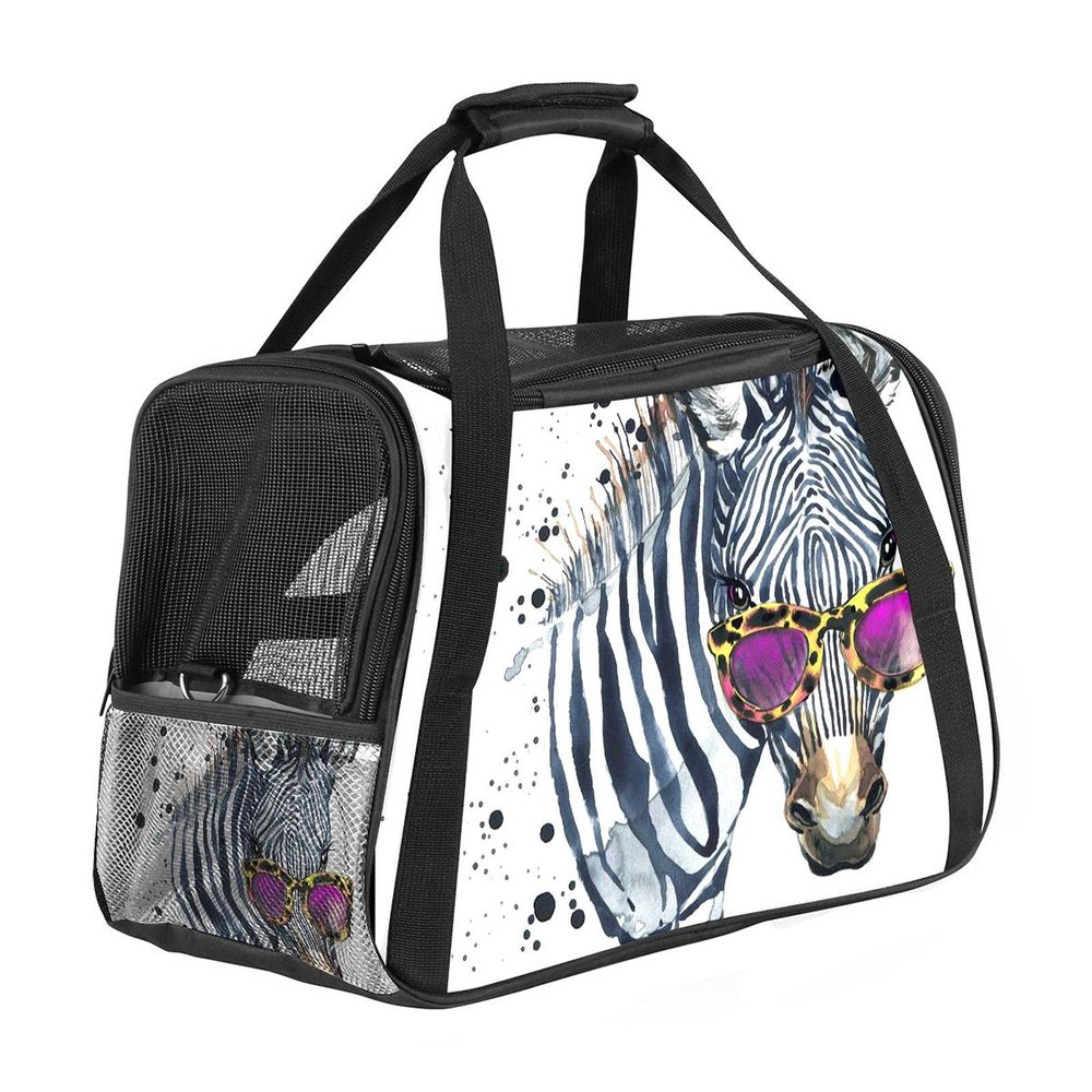 Portable Airline-Approved Pet Travel Bag for Cats, Dogs and Rabbits, Soft-Sided Duffle, Watercolor Hipster Zebra Glasses Print