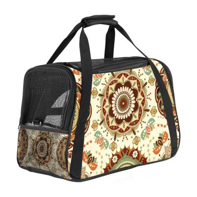 Portable Airline-Approved Pet Travel Carrier for Cats, Dogs and Rabbits, Soft-Sided Duffel with Retro Tripy Mandala Floral Print
