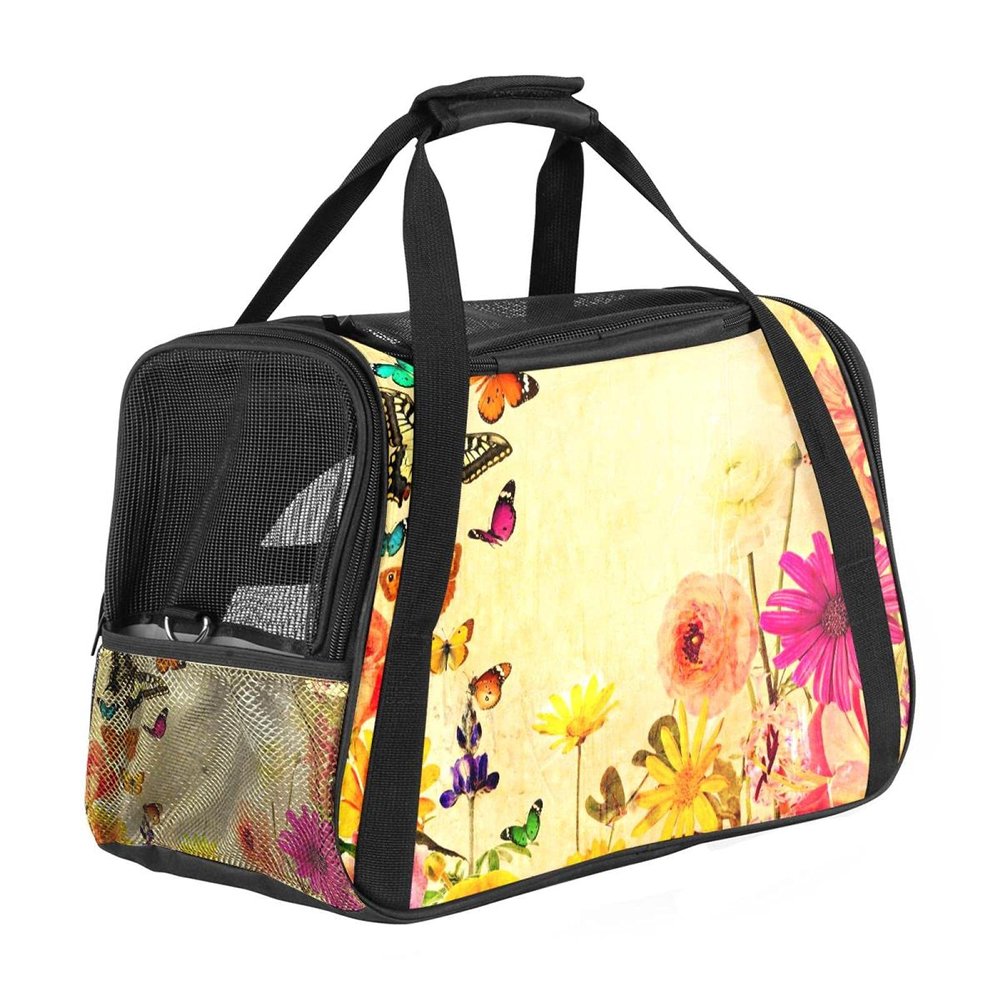 Soft-Sided Pet Carrier with Colorful Wildflowers and Butterflies, Foldable, Airline-Approved