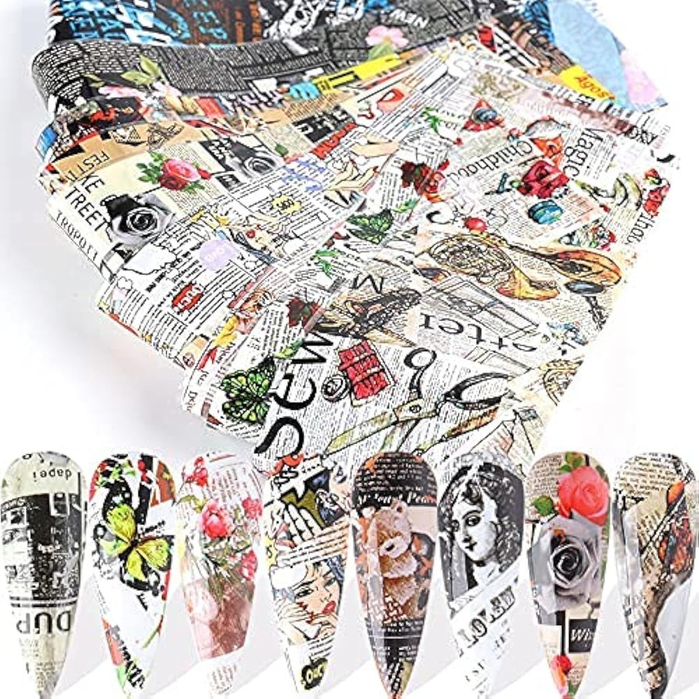 CHANGAR Newspaper Magazine Style Nail Foil Transfer Decals - Starry Sky Manicure Tips for Nail Art DIY Decoration (10 Sheets)
