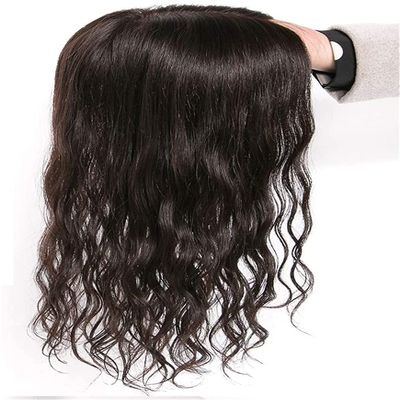 14" Black Clip-In Curly Human Hair Crown Topper, 5.5 x 5.5" Silk Base