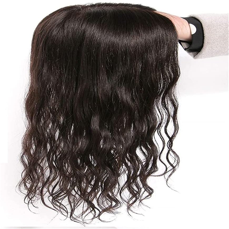 14" Black Clip-In Curly Human Hair Crown Topper, 5.5 x 5.5" Silk Base