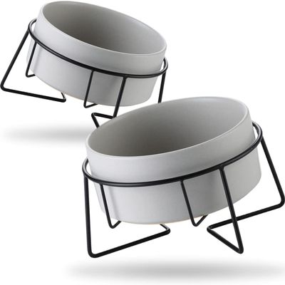 GIZMO 2-Pack Ceramic Food and Water Bowls for Cats/Dogs - Gray - 850 mL - with Stand - 15.5 cm