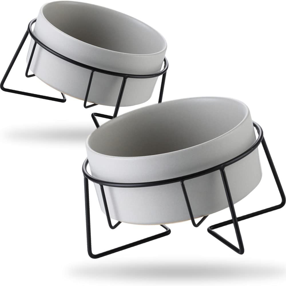 GIZMO 2-Pack Ceramic Food and Water Bowls for Cats/Dogs - Gray - 850 mL - with Stand - 15.5 cm
