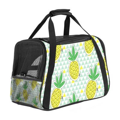 Pet Carrier, Summer Fruit Yellow Pineapple Geometric Triangle Pattern, Soft-Sided, Foldable, Airline-Approved