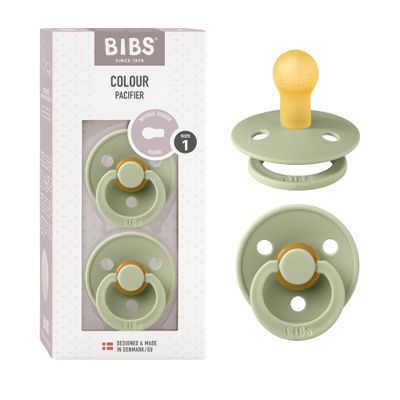 BIBS Colour Pacifiers, 0–6 Months, 2-Pack, Round Nipple, Sage/Sage