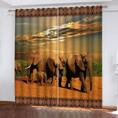 WWJNF Blackout Curtains, 150 x 168 cm (W x H), African Elephant 3D Print, Thermal Curtains, Set of 2